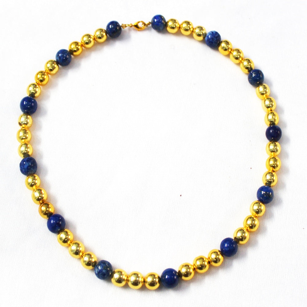 BRASS WITH GOLD PLATED AND LAPIS GEM STONE ROUND BEADS DESIGNER NECKLACE  BGN0035