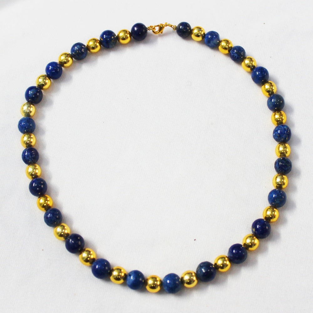 BRASS WITH GOLD PLATED AND LAPIS GEM STONE ROUND BEADS DESIGNER NECKLACE BGN0037
