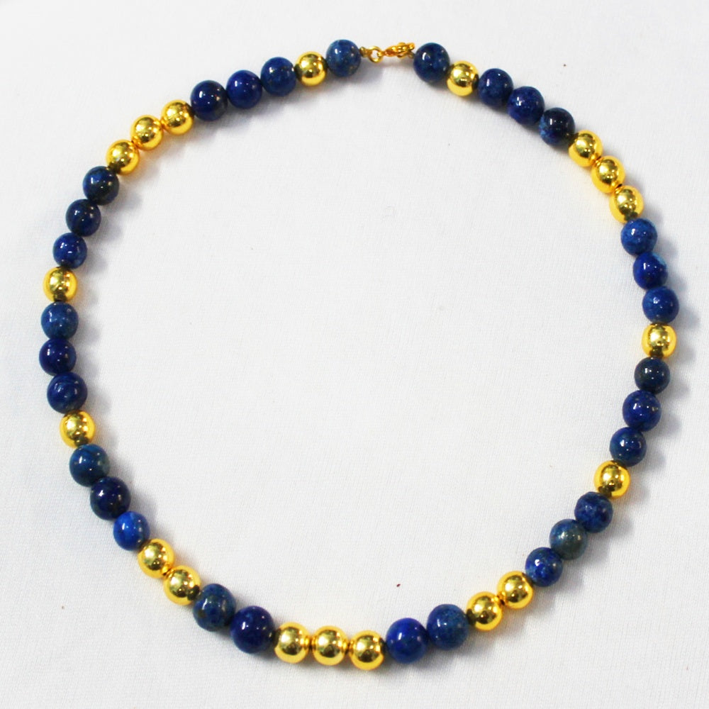 BRASS WITH GOLD PLATED AND LAPIS GEM STONE ROUND BEADS DESIGNER NECKLACE BGN0038