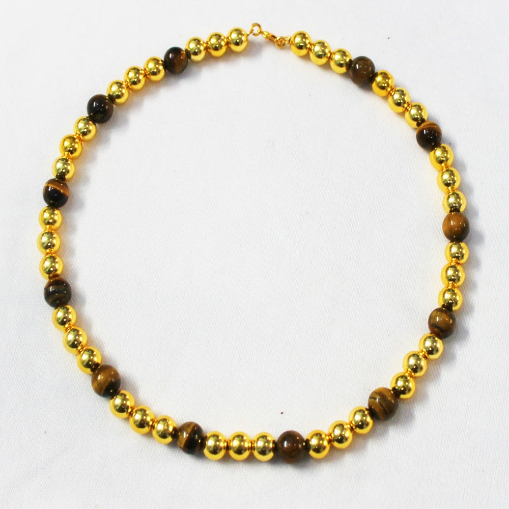 BRASS WITH GOLD PLATED AND TIGER S EYE  GEM STONE ROUND BEADS DESIGNER NECKLACE BNG0039