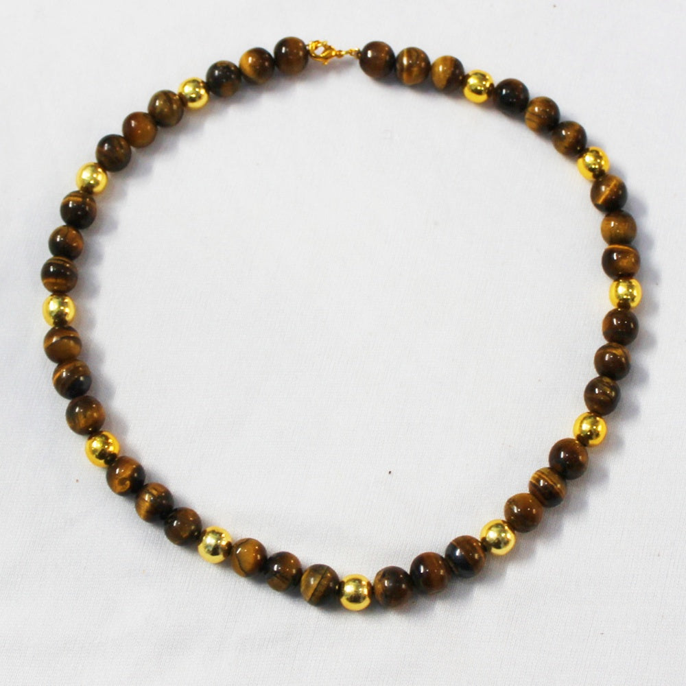 BRASS WITH GOLD PLATED AND TIGER S EYE GEM STONE ROUND BEADS DESIGNER NECKLACE BNG0040