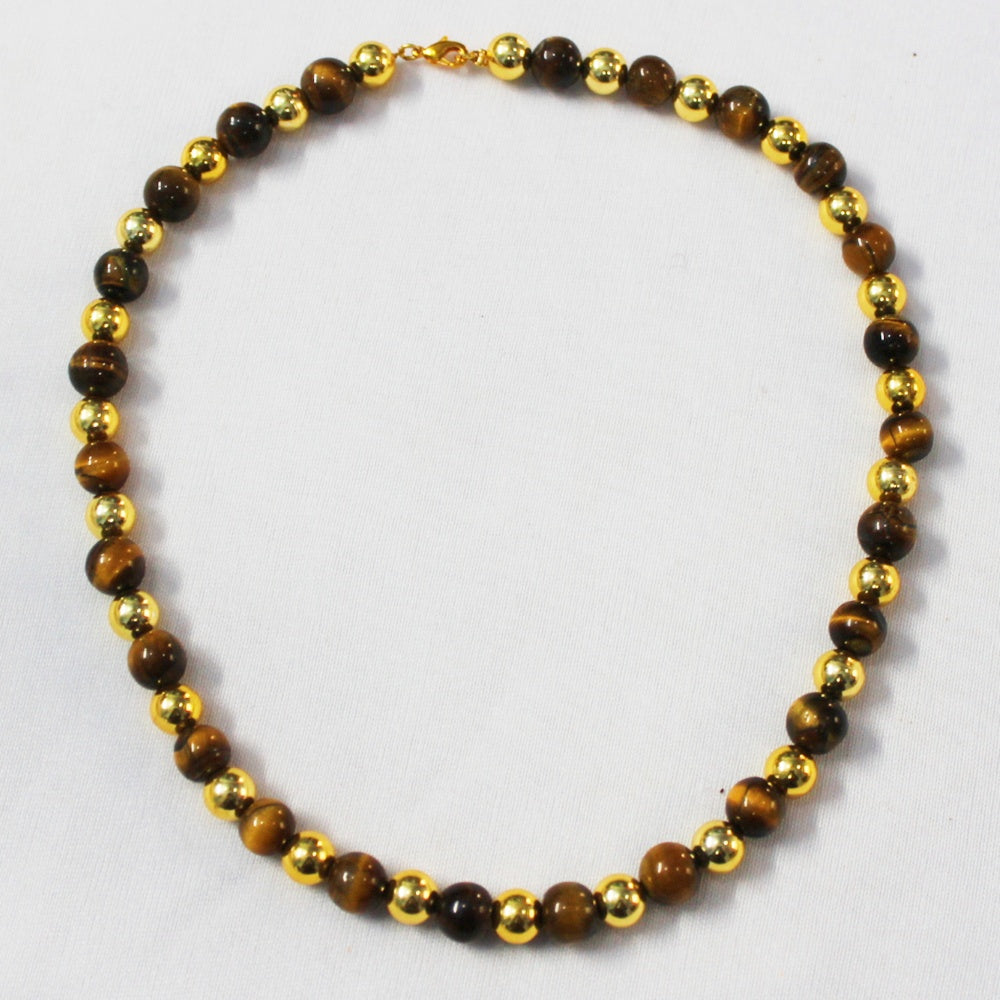 BRASS WITH GOLD PLATED AND TIGER S EYE GEM STONE ROUND BEADS DESIGNER NECKLACE BNG0041