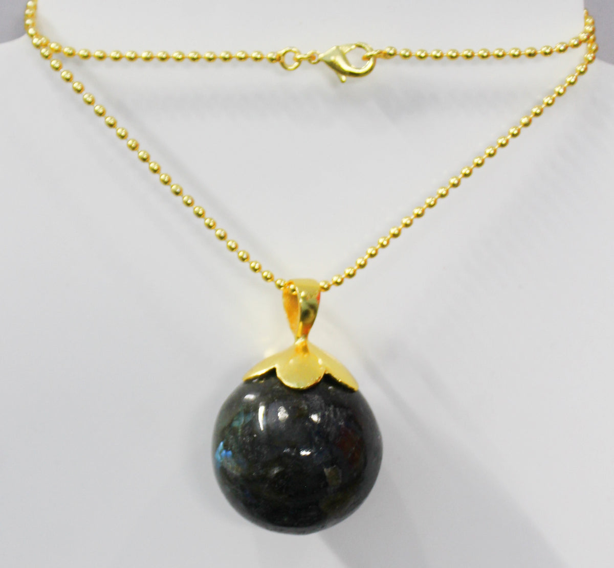 LABRADORITE STONE  30MM BALL GOLD PLATED BRASS NECKLACE BGN0057