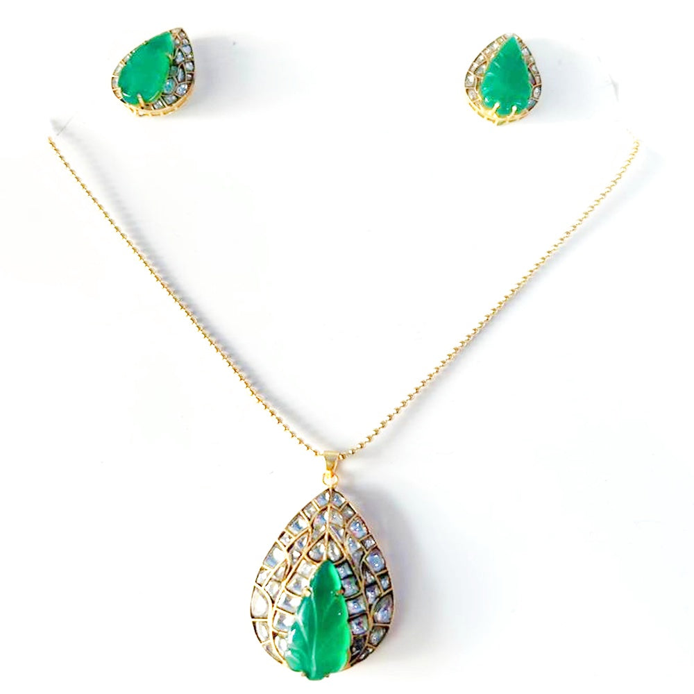 KUNDAN GREEN ONYX PENDANT SET KPS0034